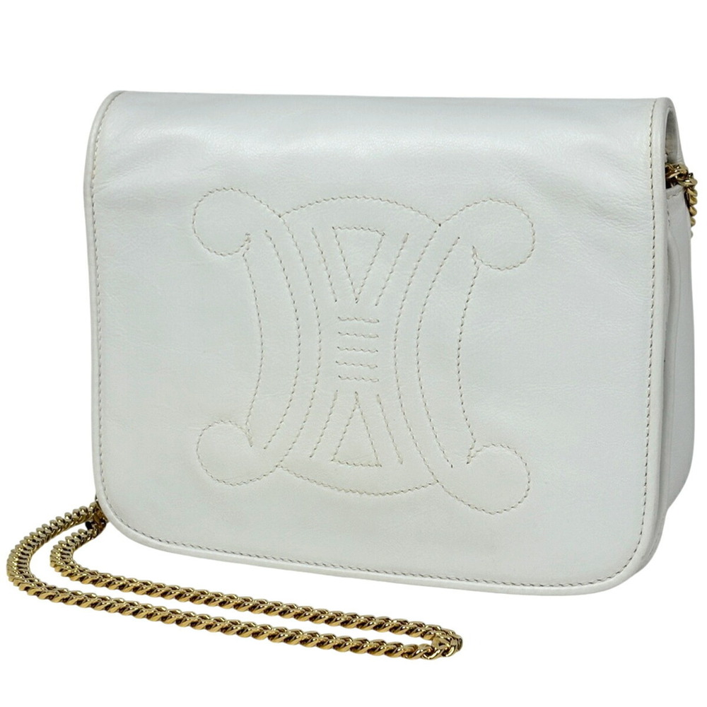 Celine Blazon Chain Shoulder Bag Logo Crossbody Leather White